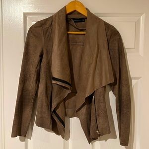 Asymmetrical faux suede Zara jacket in taupe